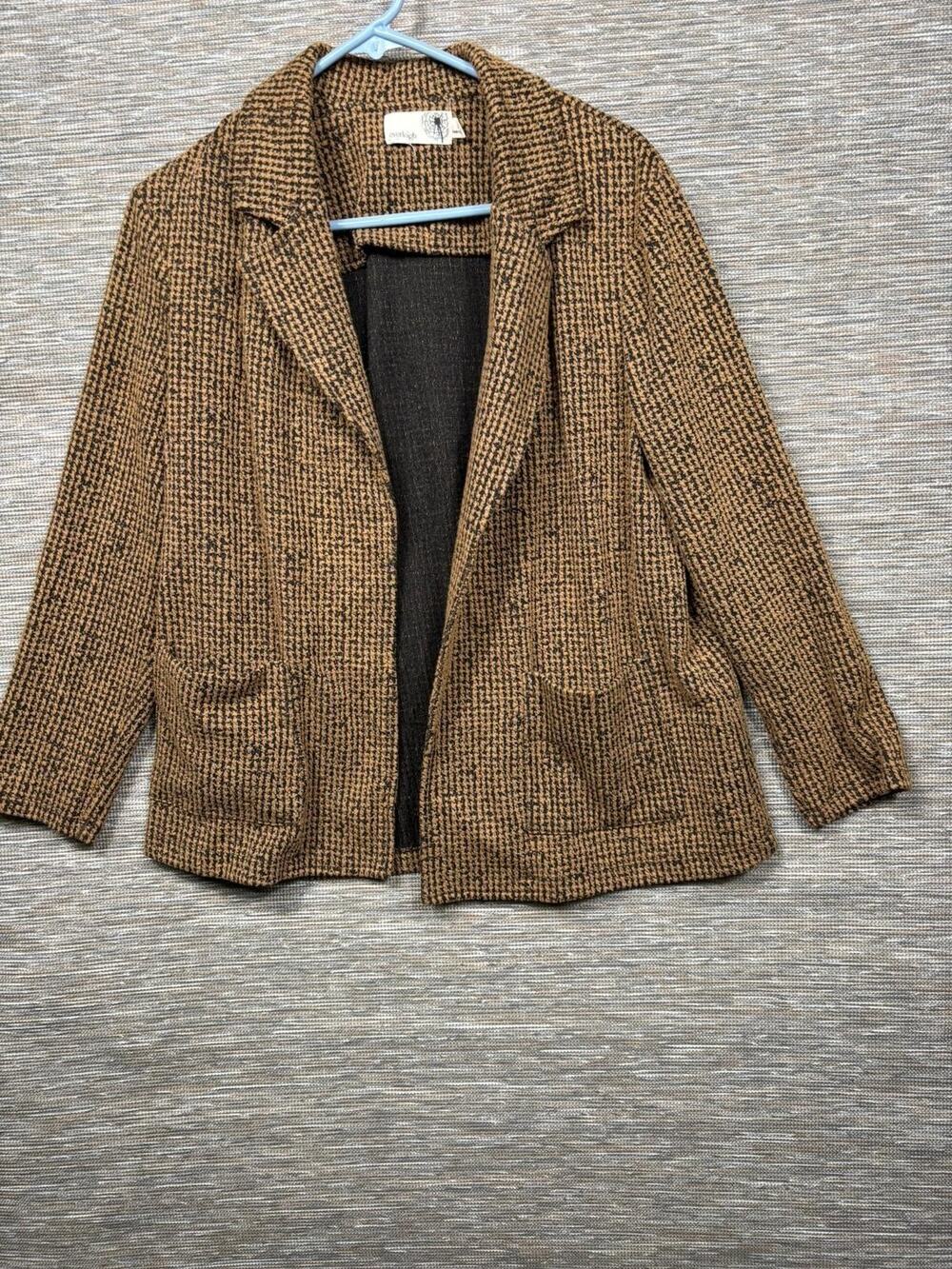 Everleigh Blazer Jacket Womens Petite Small SP Brown Houndstooth Knit Open Front